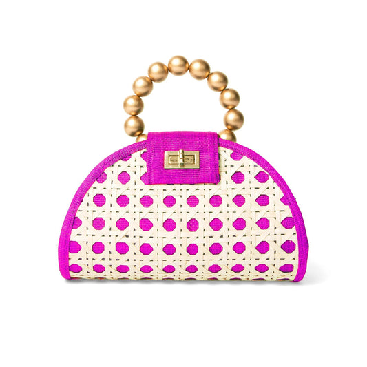 THE BELLA Pink & Gold Rattan Woven Handbag