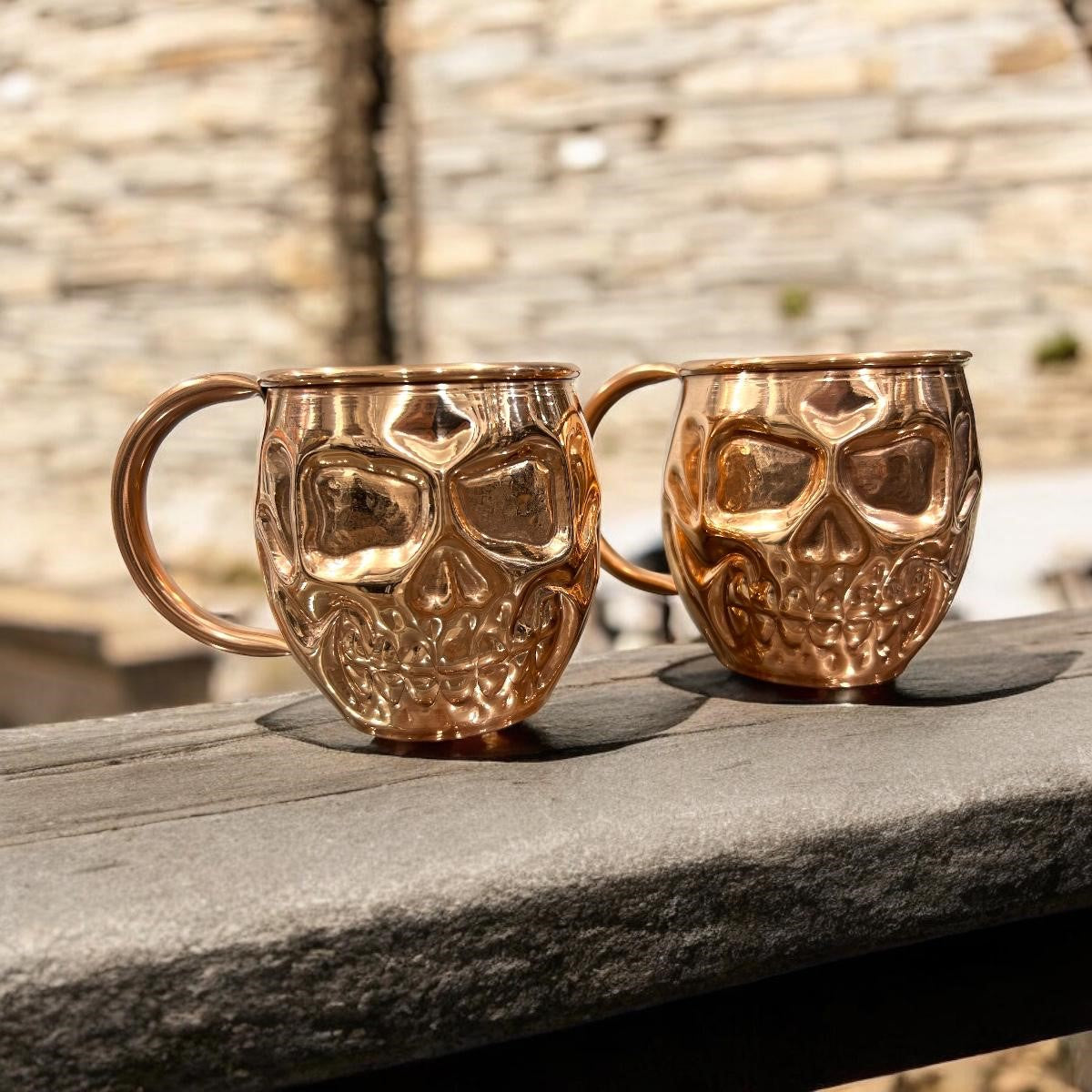 Set of Two Copper Skull (Day of the Dead) Shaped Mugs, Plain and Shiny Finish