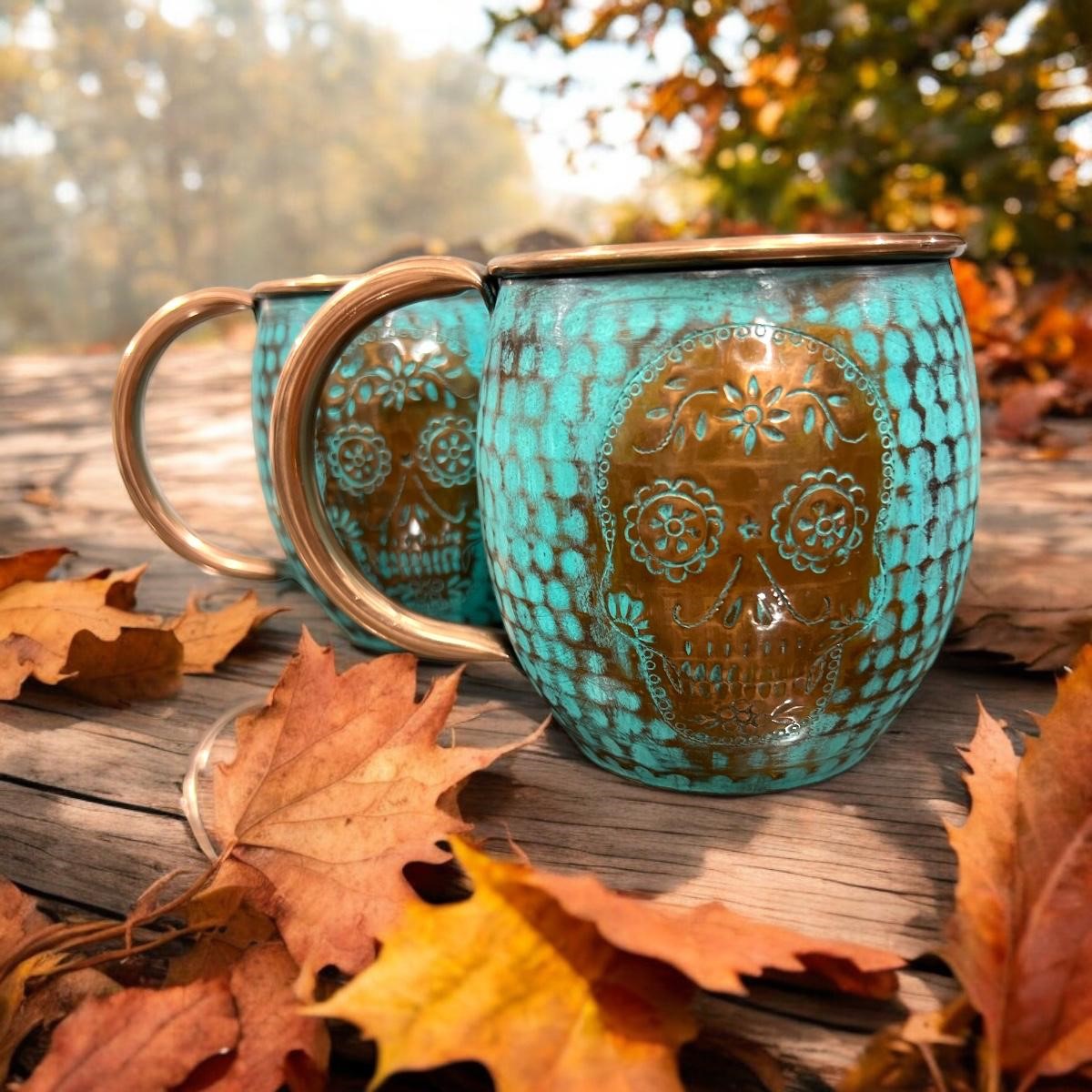 Set of Two Copper Barrel Mugs with Chiselled Skull (Day of the Dead), Hammered and Turquoise Patina