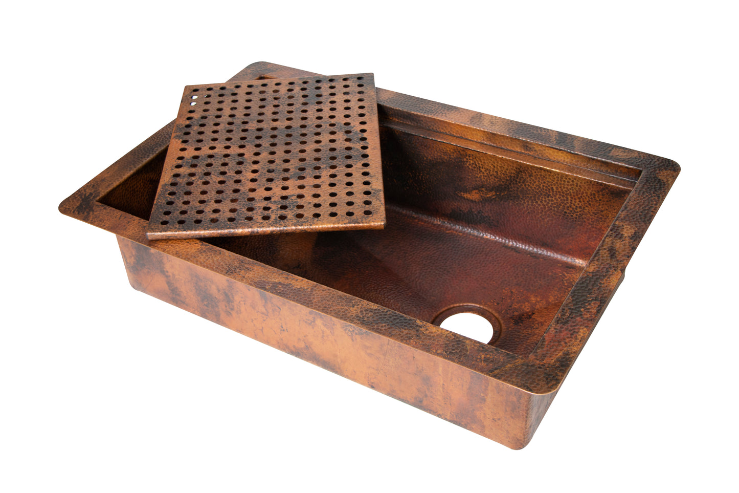 33" Drop-in Single Well Hammered Copper Kitchen Sink with Removable Grill