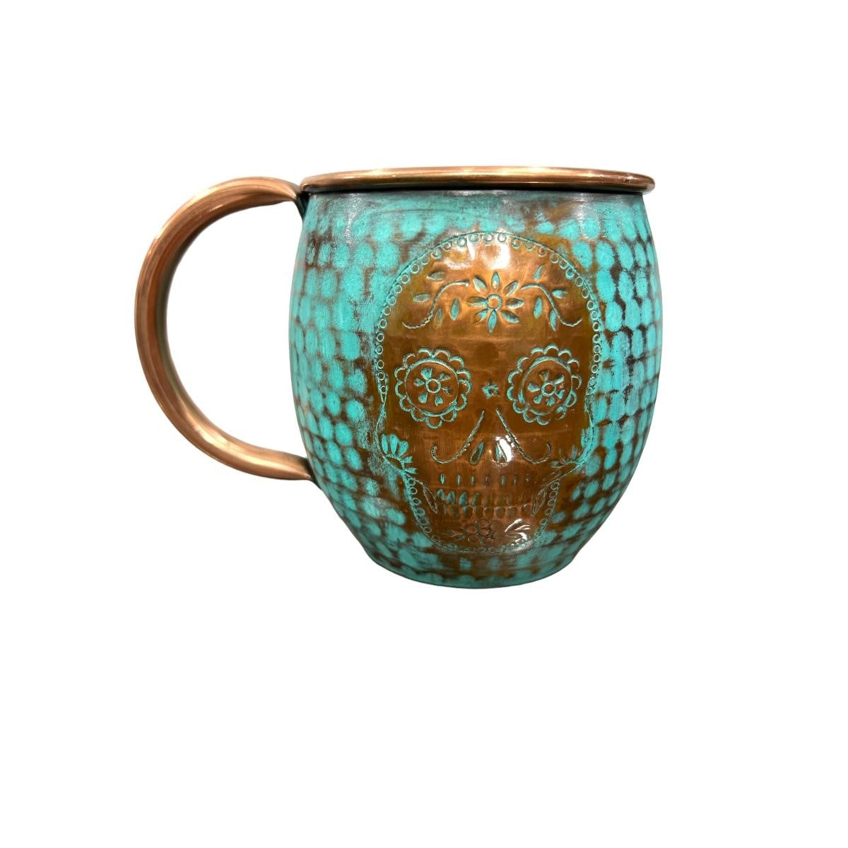 Set of Two Copper Barrel Mugs with Chiselled Skull (Day of the Dead), Hammered and Turquoise Patina